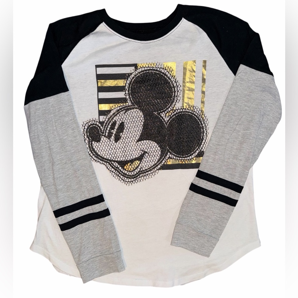 Disney Mickey Logo Black White Gold Long Sleeves T-Shirt, Size Small